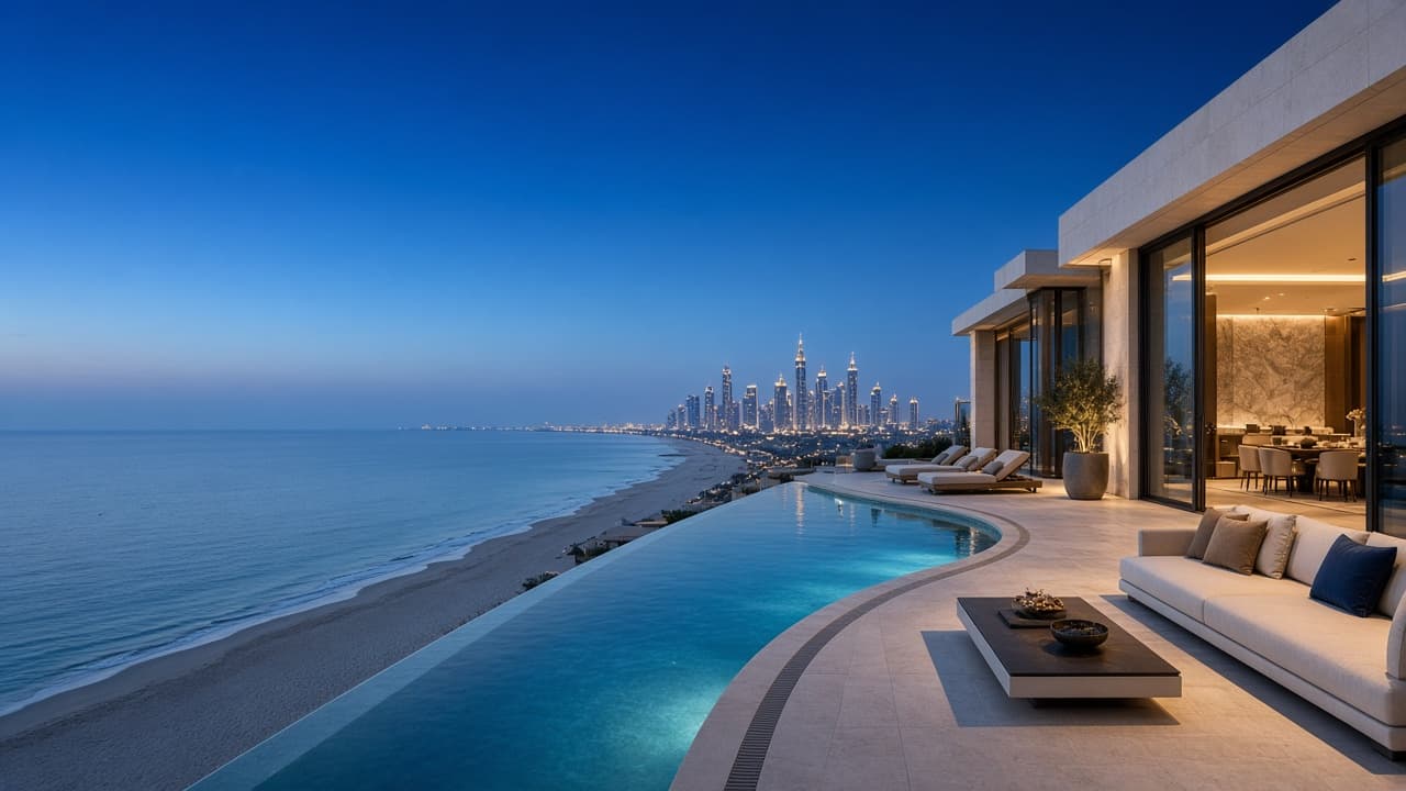 A serene waterfront residence overlooking the coast and skyline